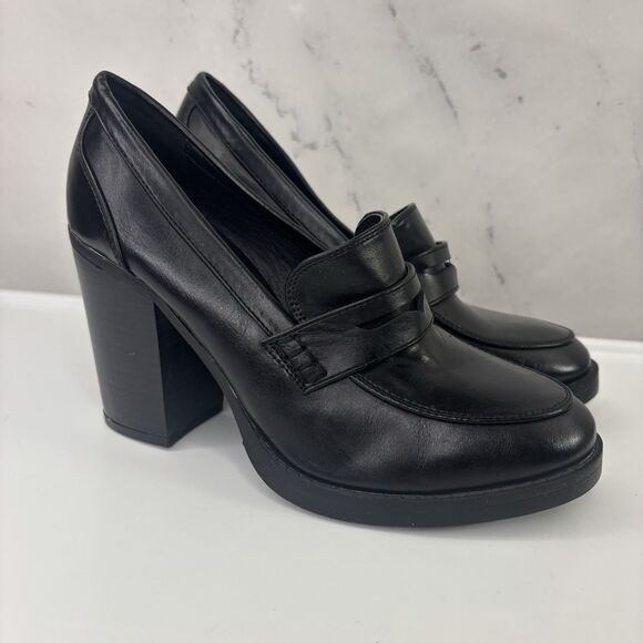 Y2K 90s Vintage Bongo Block Heel Platform Loafers Blk Leather Chunky 8.5 Grunge - Picture 3 of 15